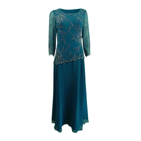 J Kara Women's Beaded Overlay Gown (6, Teal) - Picture 1 of 3